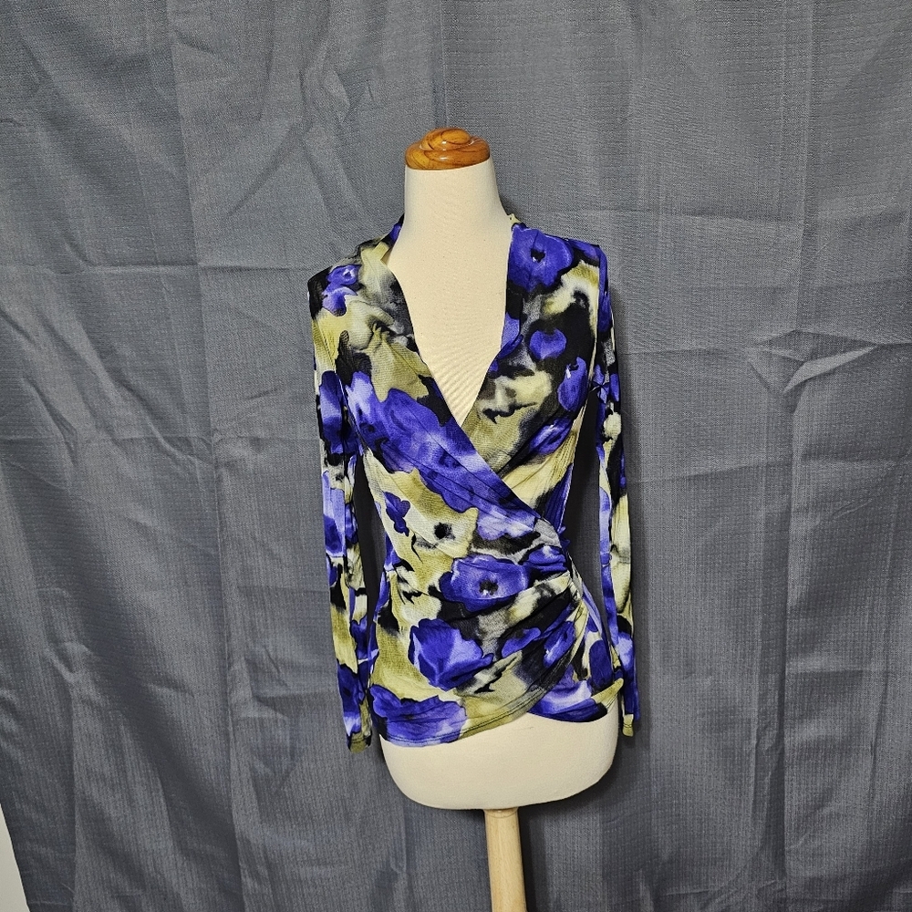 Karen Kane Floral Faux Wrap Top Blue Green Size S